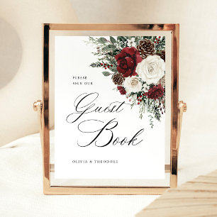 Burgunder Winter Hochzeitsgästebuch-Tisch mit Blum Sockelschild