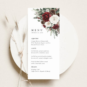 Burgunder Winterhochzeitsmenü mit Blumenarrangemen Menükarte