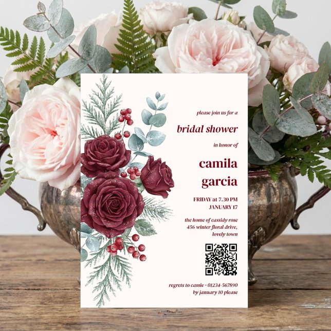 Burgunder-Winterrosen-Botanische-Hochzeitsdusche Einladung (Winter bridal shower invitation with burgundy roses and frosted eucalyptus by Darling & May)