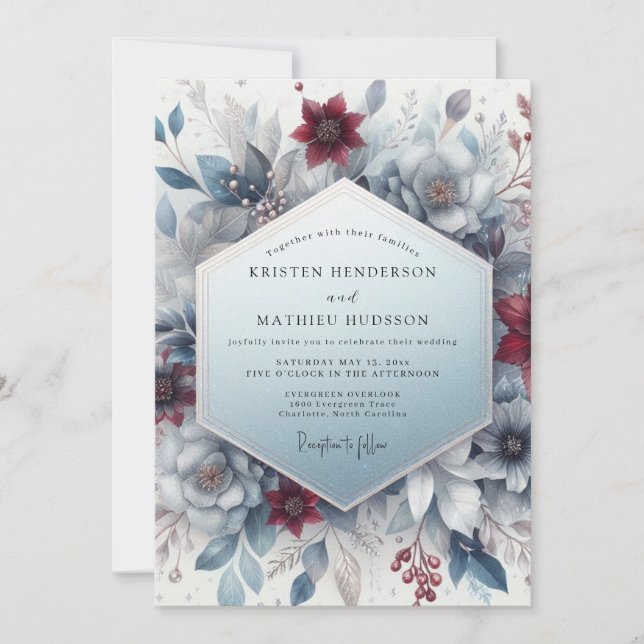 Burgunderblaue etherische Blumenhochzeit Einladung (Vorderseite)