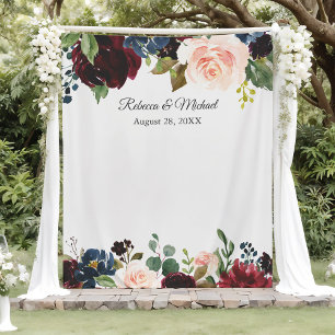 Burgunderblaue Florale Hochzeit Foto Booth Rückwan Wandteppich