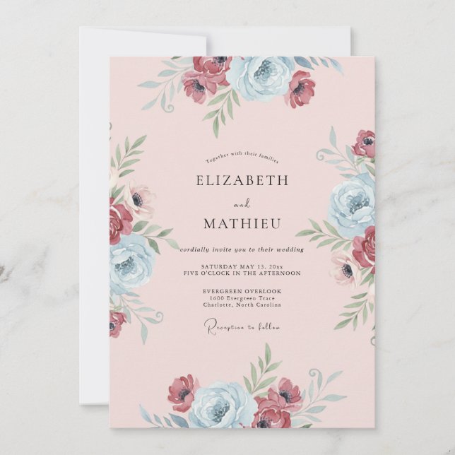 Burgunderblaue Hochzeit bemalt Einladung (Vorderseite)