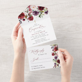 Burgunderblumen, rosa Blumen, Boho, Konfirmation All In One Einladung