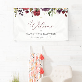 Burgunderblumen, rosa Blumen, Taufe Willkommen Banner