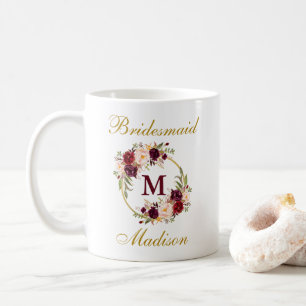 Burgunderblumengoldbrautjungfern-Monogramm Kaffeetasse