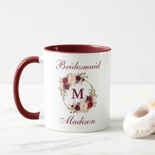 Burgunderblumengoldkreis-Brautjungfern-Monogramm Tasse