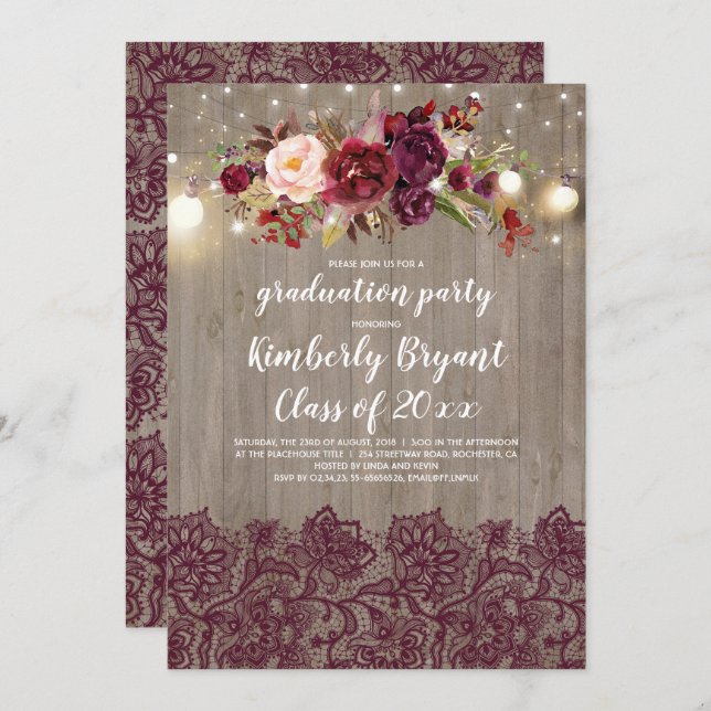 Burgunderblumenspitze-rustikales Abschluss-Party Einladung (Vorne/Hinten)
