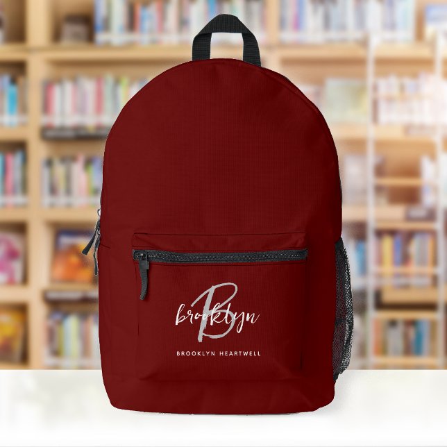 Burgundergrau-weißes Schriftmonogramm Name Bedruckter Rucksack (Von Creator hochgeladen)