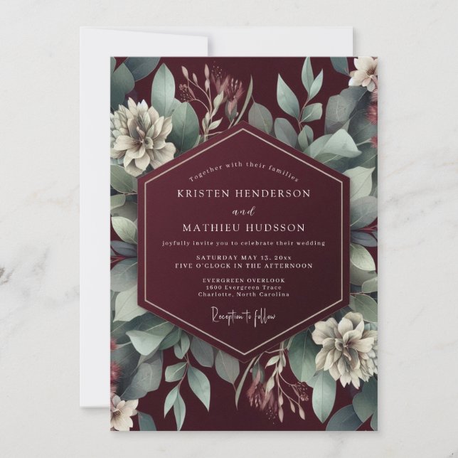 Burgundergrüner Botanischer Traumhochzeit Einladung (Vorderseite)