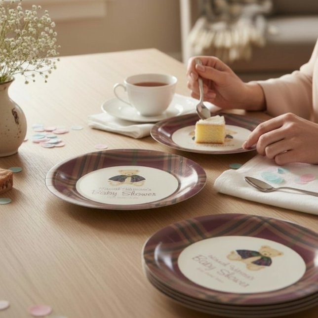 Burgunderkarierte Teddybären-Feierplatten Pappteller (Von Creator hochgeladen)