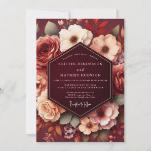 Burgunderne Herbst-Blumenromanze-Hochzeit Einladung