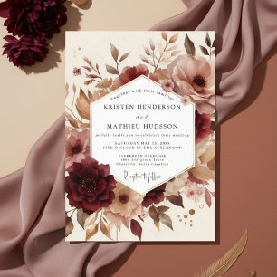 Burgunderne Herbstblumen Romantische Hochzeit Einladung