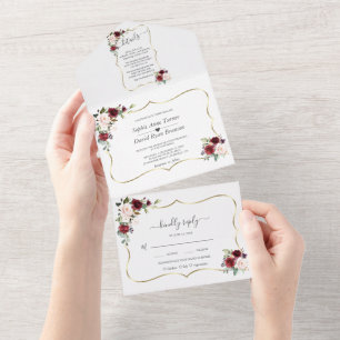 Burgunderrosa Blumen Goldrahmen Hochzeit All In One Einladung