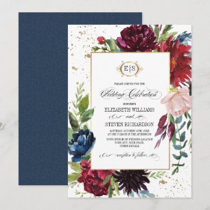 Burgunderrot Blau Marsala Floral Watercolor Wed Einladung