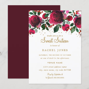 Burgunderrot-goldene Floral Sweet Sixteen Geburtst Einladung