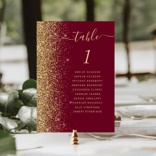 Burgunderrot-goldene Glitter-Hochzeit Tischnummer