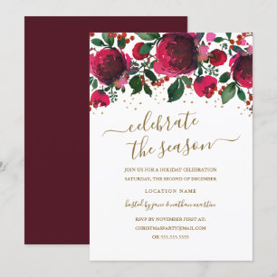 Burgunderrot grün goldene Blumen Weihnachtsfeier Einladung
