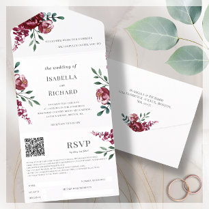 Burgunderrot   Marsala Red Floral   QR-Code-UAWG All In One Einladung