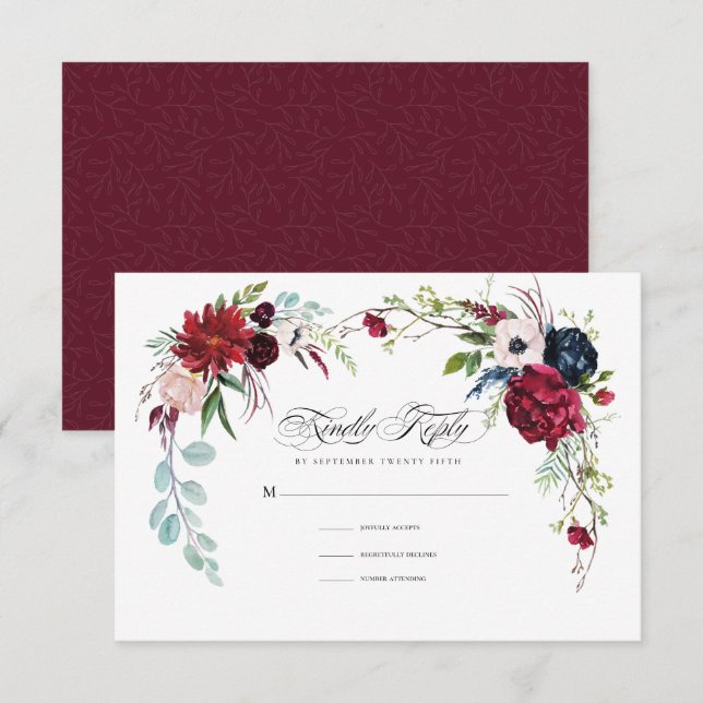 Burgunderrot | Navy Blue Floral Wedding RSVP Card Einladung (Vorne/Hinten)