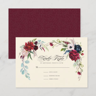 Burgunderrot Navy Blue Floral Wedding RSVP Card Einladung