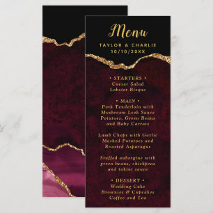 Burgunderrot und Gold Achat Hochzeitsmenü Menükarte