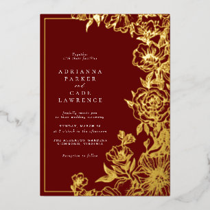 Burgunderrot und Gold Blumen Elegante Hochzeit Folieneinladung