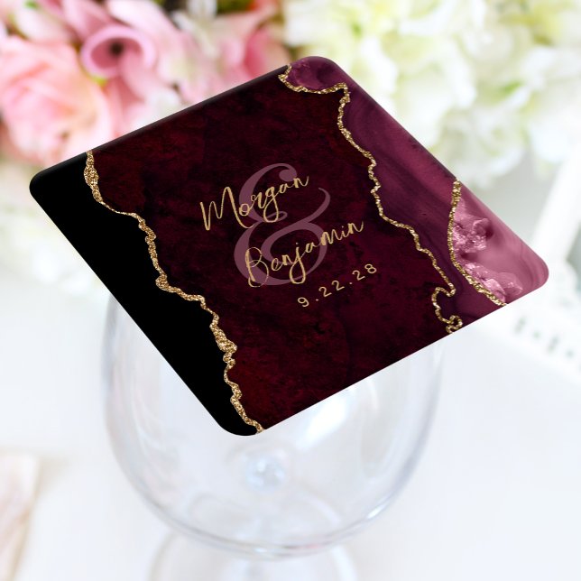Burgunderrote Achat-Gold-Schrift Hochzeit Rechteckiger Pappuntersetzer (Von Creator hochgeladen)