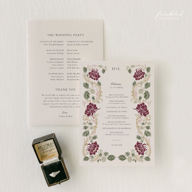 Burgunderrote Art Nouveau Hochzeit Programm (Burgundy Floral Art Nouveau Wedding Program)