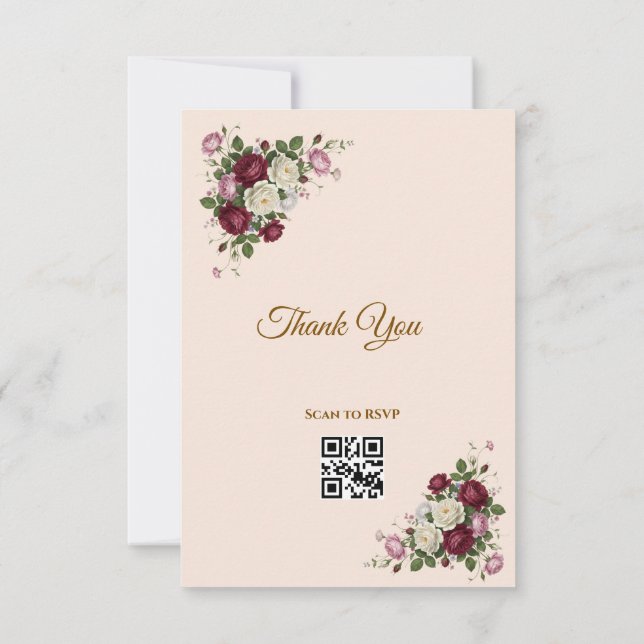 Burgunderrote Blumen Gold RSVP QR-Code Karte (Rückseite)