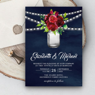 Burgunderrote Blumen-Mason-Jar-Navy-Blau-Hochzeit Einladung