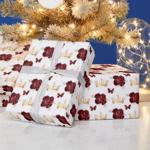 Burgunderrote Blumen und goldene Kronen Geschenkpapier