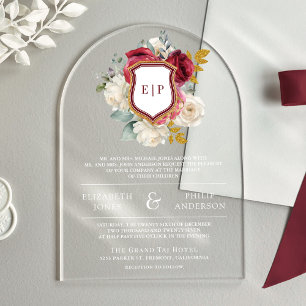 Burgunderrote Blumen-Wappen-Monogramm-Hochzeit Acryleinladungen
