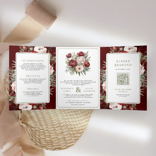Burgunderrote Blush-Pink-Blumen-Hochzeit All-in-On Dreifach Gefaltete Einladung