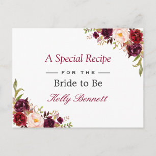 Burgunderrote Chic Floral Brautparty-Rezept Postkarte