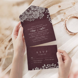 Burgunderrote elegante Vintage-Spitze Hochzeit All In One Einladung