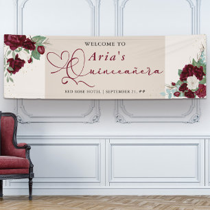 Burgunderrote Elfenbein-Blumenrose Quinceanera-Wil Banner