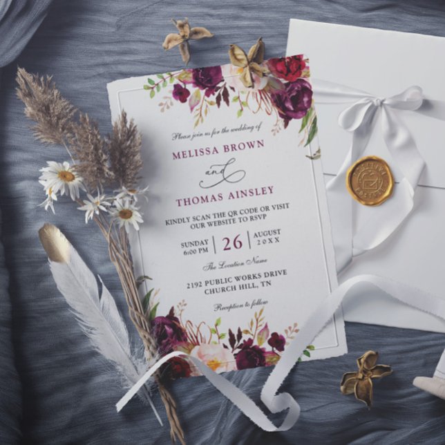 Burgunderrote Florale Chic Budget QR-Code-Hochzeit Einladung (Von Creator hochgeladen)