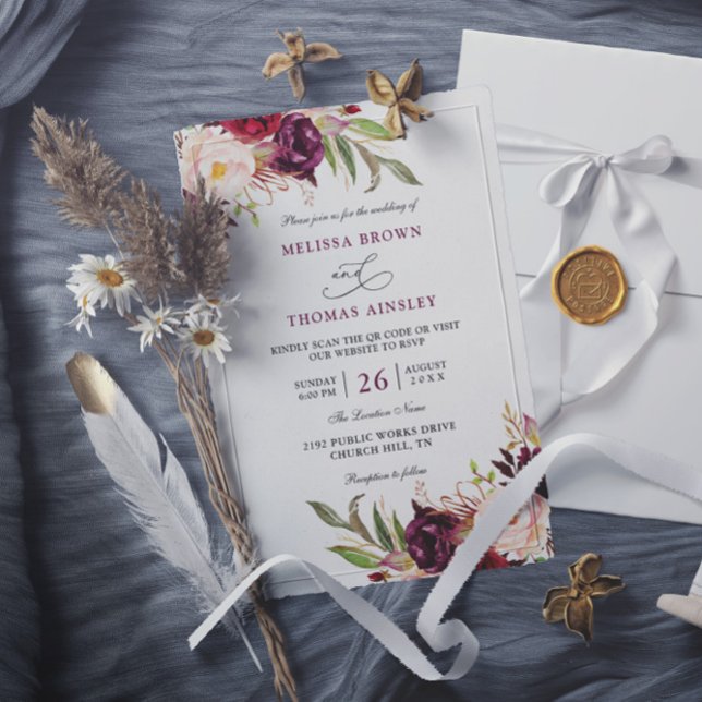 Burgunderrote Florale Chic Budget QR-Code-Hochzeit Einladung (Von Creator hochgeladen)