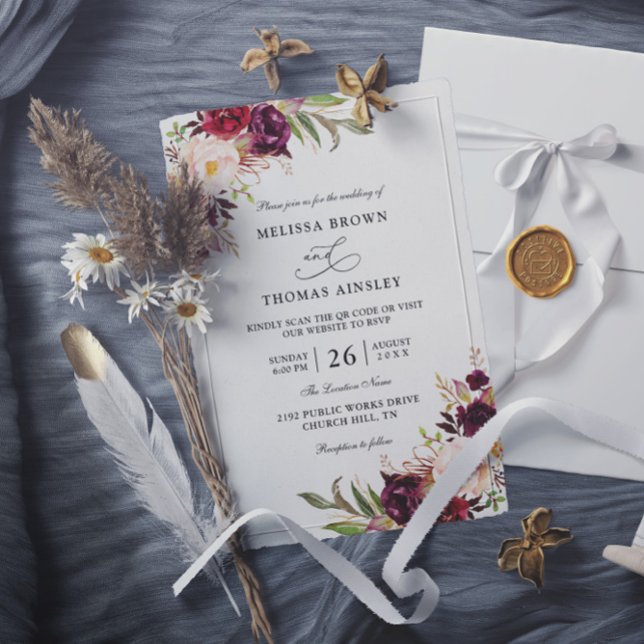 Burgunderrote florale chic Budget QR-Code-Hochzeit Einladung (Von Creator hochgeladen)