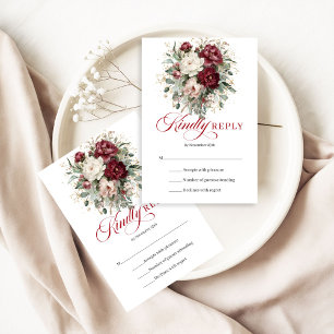 Burgunderrote Florale Goldene Hochzeits-RSVP-Karte RSVP Karte