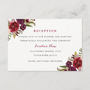 Burgunderrote Florale Hochzeitsempfangskarte Begleitkarte