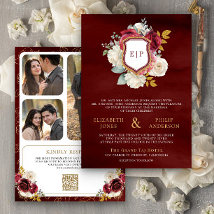 Burgunderrote Florale QR-Code-Foto-Wappen-Hochzeit Einladung