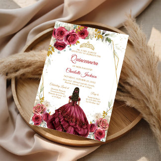 Burgunderrote Florale Quinceanera-Geburtstagsfeier Einladung