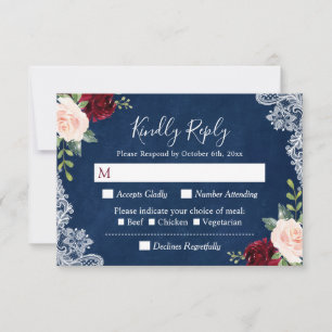 Burgunderrote Florale Spitze Navyblaue Hochzeit-RS RSVP Karte