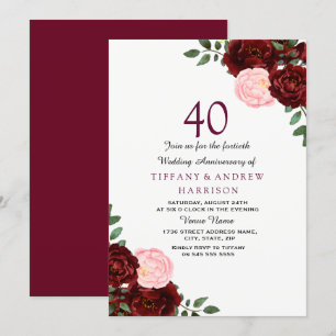 Burgunderrote Florale Verblassung 40. Hochzeitstag Einladung
