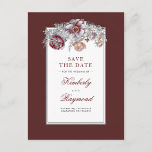 Burgunderrote Florale Vintage-Save-the-Date-Karten Ankündigungspostkarte