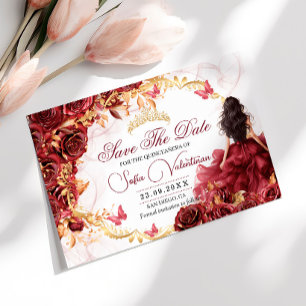 Burgunderrote goldene Blumen-Quinceanera Save The Date