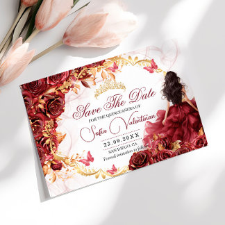 Burgunderrote goldene Blumen-Quinceanera Save The Date