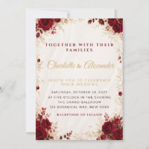 Burgunderrote goldene Florale Hochzeits-Einladungs