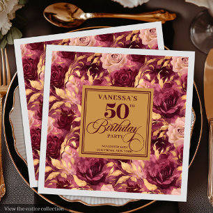 Burgunderrote goldene Rosen 50. Geburtstagsfeier Serviette